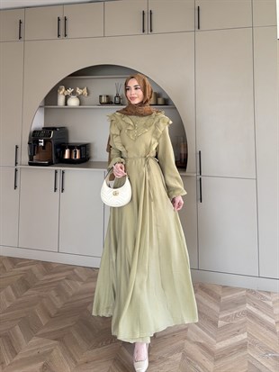 Lushe Fırfır Detaylı Elbise Yağ Yeşili (26169)