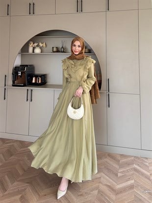 Lushe Fırfır Detaylı Elbise Yağ Yeşili (26169)