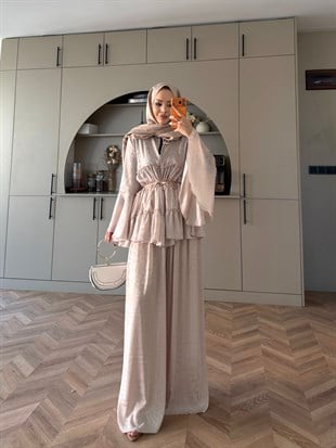 Luxe Leoapar Desen Şifon Takım Bej (3032)