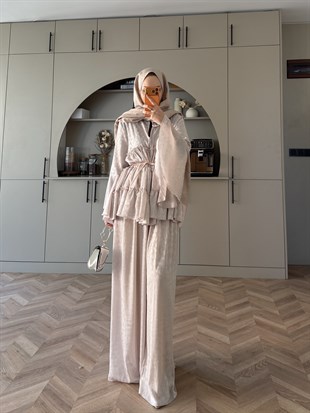 Luxe Leoapar Desen Şifon Takım Bej (3032)