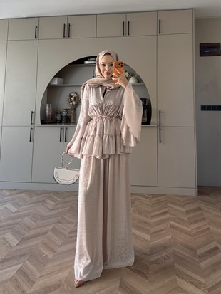 Luxe Leoapar Desen Şifon Takım Bej (3032)