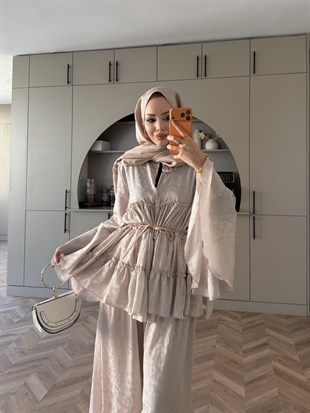 Luxe Leoapar Desen Şifon Takım Bej (3032)