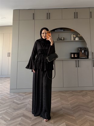 Luxe Leopar Desen Şifon Takım Siyah (3032)