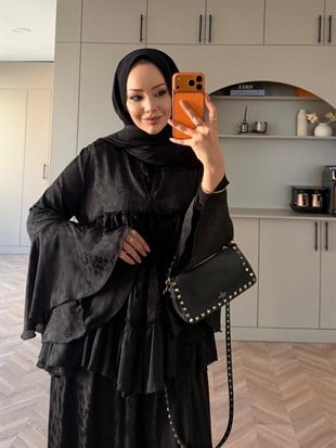 Luxe Leopar Desen Şifon Takım Siyah (3032)