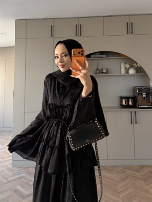 Luxe Leopar Desen Şifon Takım Siyah (3032)