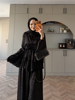 Luxe Leopar Desen Şifon Takım Siyah (3032)