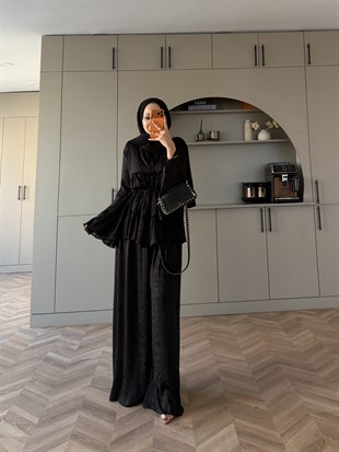 Luxe Leopar Desen Şifon Takım Siyah (3032)