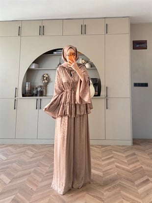 Luxe Leopar Desen Şifon Takım Vizon (3032)