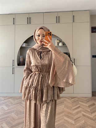 Luxe Leopar Desen Şifon Takım Vizon (3032)