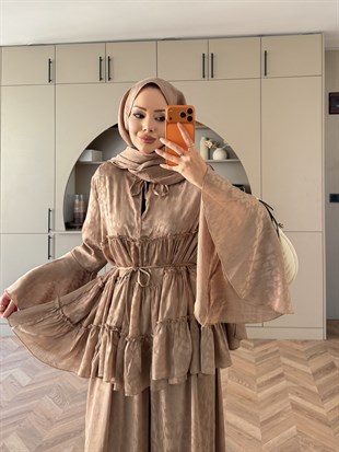 Luxe Leopar Desen Şifon Takım Vizon (3032)