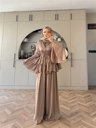 Luxe Leopar Desen Şifon Takım Vizon (3032)