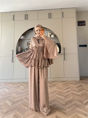 Luxe Leopar Desen Şifon Takım Vizon (3032)