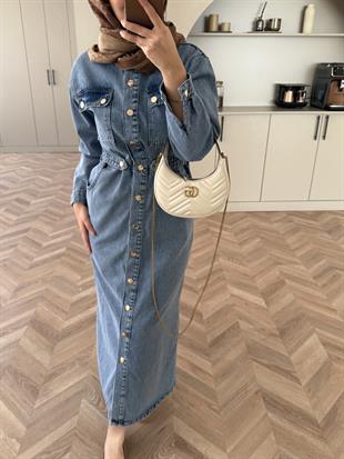 Mabel Çıtçıtlı Kot Elbise Buz Mavi (0598)