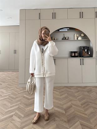 Maddo Taşlı Puf Hırka Beyaz