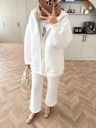 Maddo Taşlı Puf Hırka Beyaz