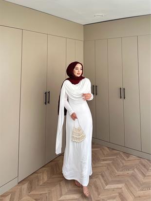 Madrian Drapeli Elbise Beyaz