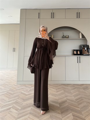 Madrid Fırfırlı Şifon Pantolon Takım Acı Kahve (8418)
