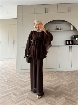 Madrid Fırfırlı Şifon Pantolon Takım Acı Kahve (8418)