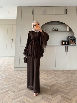 Madrid Fırfırlı Şifon Pantolon Takım Acı Kahve (8418)