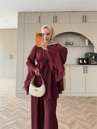(ÖNSİPARİŞ) 10 iş günü sonra kargolanacaktır Madrid Fırfırlı Şifon Pantolon Takım Bordo (8418)