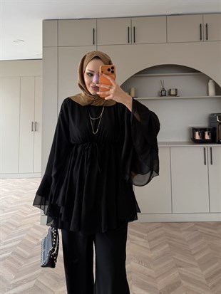 Madrid Fırfırlı Şifon Pantolon Takım Siyah (8418)