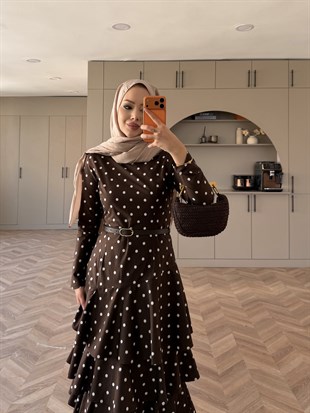 Malone Puantiyeli Kat Kat Elbise Acı Kahve (4453)