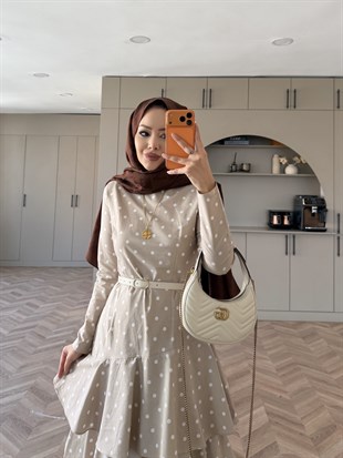 Malone Puantiyeli Kat Kat Elbise Bej (4453)