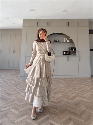 Malone Puantiyeli Kat Kat Elbise Bej (4453)