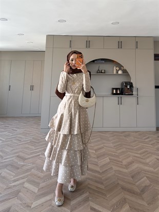 Malone Puantiyeli Kat Kat Elbise Bej (4453)