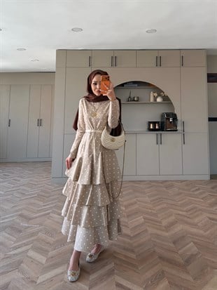 Malone Puantiyeli Kat Kat Elbise Bej (4453)