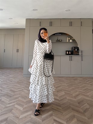 Malone Puantiyeli Kat Kat Elbise Beyaz-Siyah (4453)