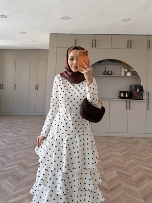 Malone Puantiyeli Kat Kat Elbise Beyaz-Kahve (4453)