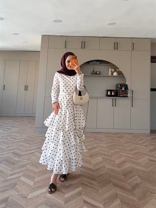 Malone Puantiyeli Kat Kat Elbise Beyaz-Bordo (4453)