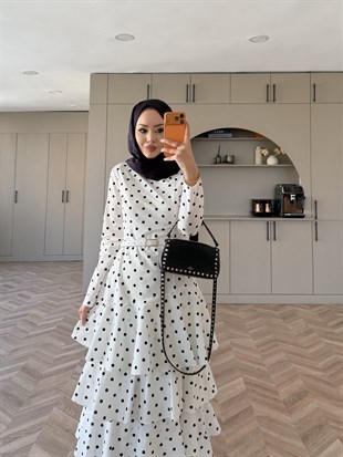 Malone Puantiyeli Kat Kat Elbise Beyaz-Siyah (4453)