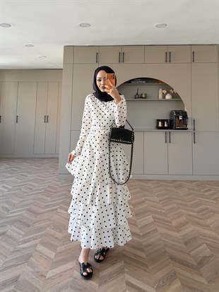 Malone Puantiyeli Kat Kat Elbise Beyaz-Siyah (4453)