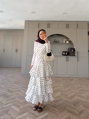 Malone Puantiyeli Kat Kat Elbise Beyaz-Bordo (4453)