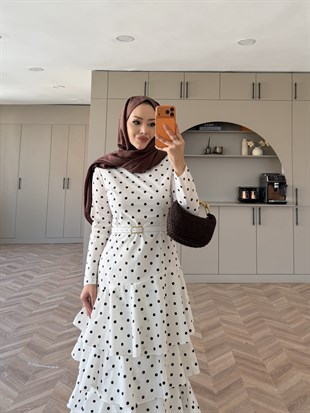 Malone Puantiyeli Kat Kat Elbise Beyaz-Kahve (4453)