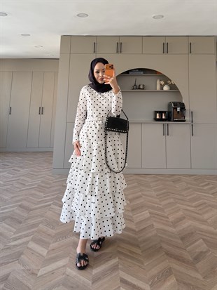 Malone Puantiyeli Kat Kat Elbise Beyaz-Siyah (4453)