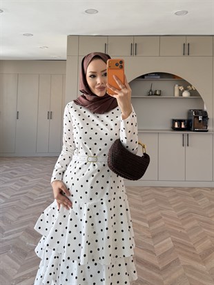 Malone Puantiyeli Kat Kat Elbise Beyaz-Kahve (4453)