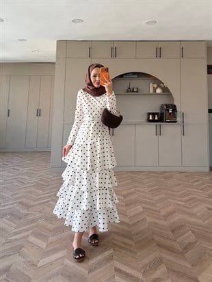 Malone Puantiyeli Kat Kat Elbise Beyaz-Kahve (4453)