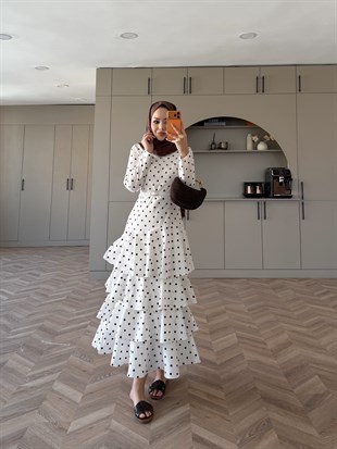 Malone Puantiyeli Kat Kat Elbise Beyaz-Kahve (4453)