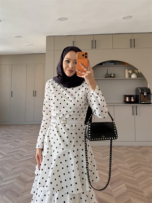 Malone Puantiyeli Kat Kat Elbise Beyaz-Siyah (4453)