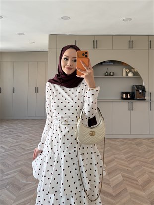 Malone Puantiyeli Kat Kat Elbise Beyaz-Bordo (4453)