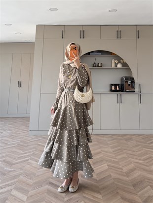 Malone Puantiyeli Kat Kat Elbise Haki (4453)