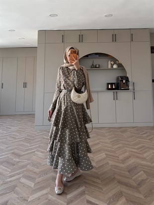 Malone Puantiyeli Kat Kat Elbise Haki (4453)