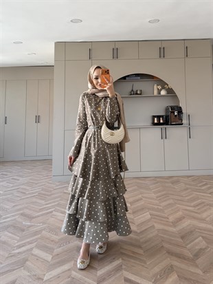 Malone Puantiyeli Kat Kat Elbise Haki (4453)