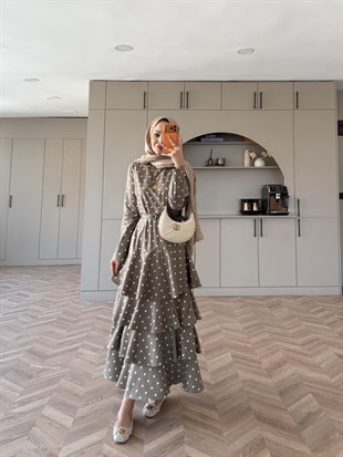 Malone Puantiyeli Kat Kat Elbise Haki (4453)