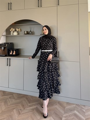 Malone Puantiyeli Kat Kat Elbise Siyah (4453)