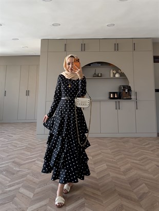 Malone Puantiyeli Kat Kat Elbise Lacivert (4453) 