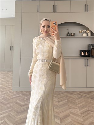 Manche Taş Detaylı Elbise Bej (5775)